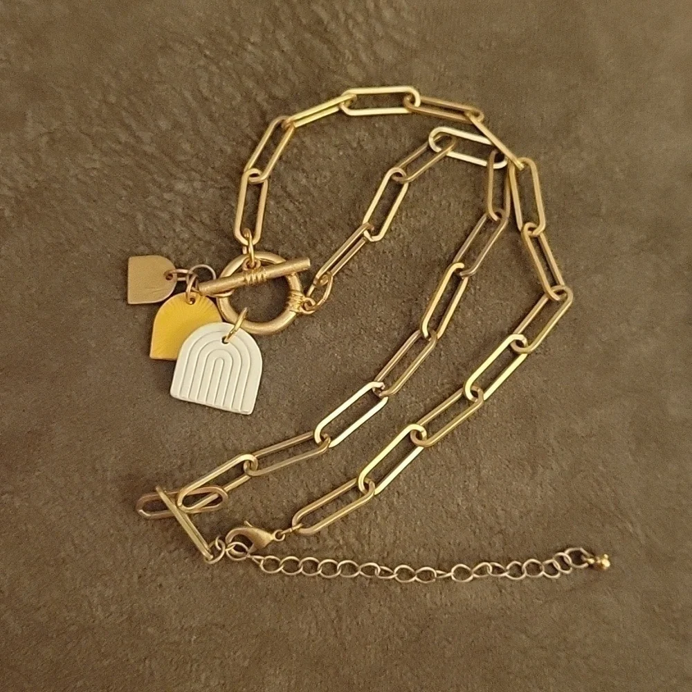 3/$30 Matte Goldtone Paperclip Link Toggle Rainbow Charm Necklace